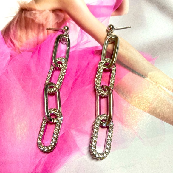 Silver Tone Rhinestone Chain Long Earrings - Picture 4 of 5
